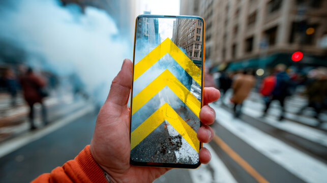 Hand holds AR smartphone showing bright yellow arrows overlaying smoky urban crosswalk with moving pedestrians