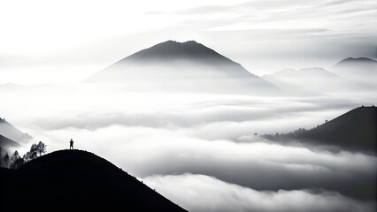 Ethereal Mountain Silhouette with Foggy Valley Figure