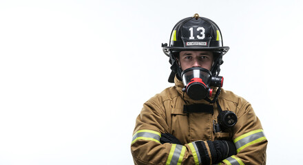 Firefighter in full gear with helmet and mask standing with arms crossed on a white background