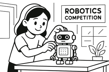 Young girl proudly presents her homemade robot at a competition