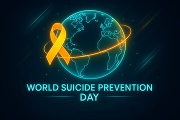 World suicide prevention day poster with glowing earth and yellow ribbon symbolizing global awareness support unity and mental health