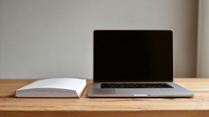 Fototapeta premium Clean modern office desk featuring blank notebook and closed generic laptop on light wood surface, neutral wall in background