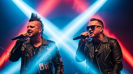 Energetic rock duo performing live on stage with dynamic lighting during concert for music promotional materials