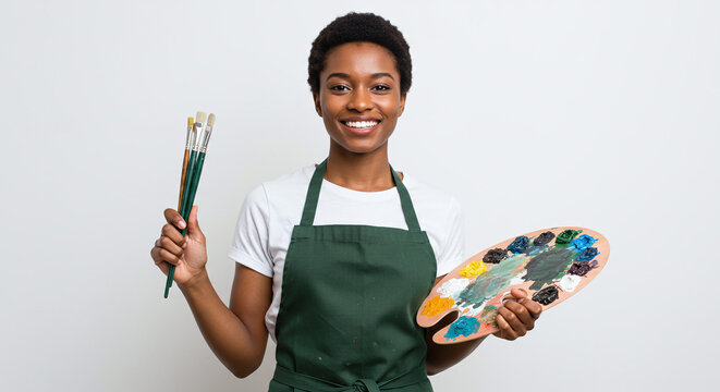 A smiling woman in an apron holding paintbrushes and a palette on a white studio background - Powered by Adobe