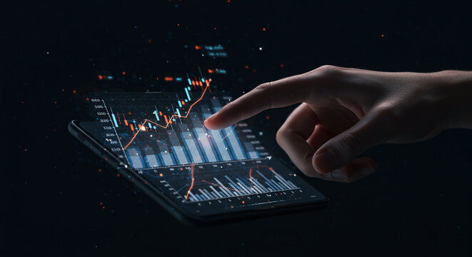 A hand interacts with a digital stock market chart on a modern folding smartphone device screen