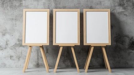 A simple wooden stand with three empty picture frames sits against a concrete wall.  It's a modern way to show off products.
