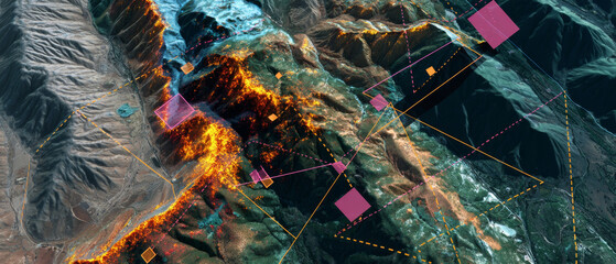 Infrared composite satellite map tracking active wildfire perimeters across mountain terrain