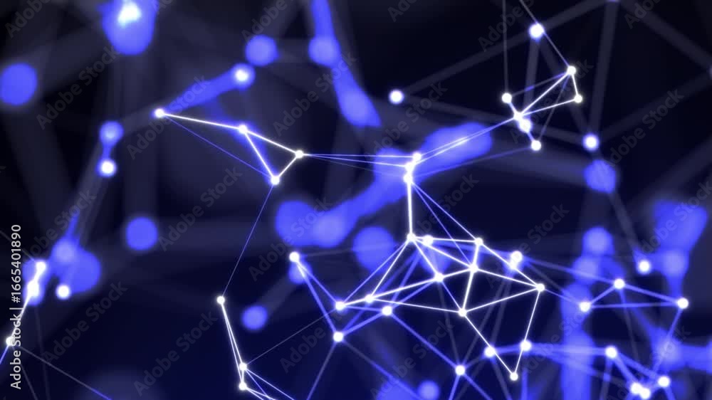 Poster abstract neural network pattern with glowing blue nodes and connecting lines on a dark background