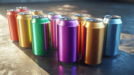 Colorful metal cans of soda, beer, and sparkling water.  They're realistic-looking and ready to be filled.
