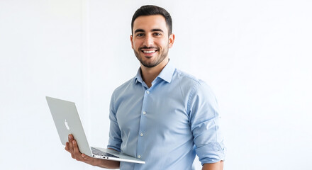 Smiling man in blue shirt holding a laptop computer against a plain white background in a studio shot