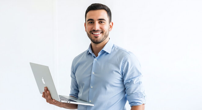 Smiling man in blue shirt holding a laptop computer against a plain white background in a studio shot