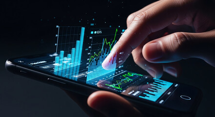 Finger interacting with holographic financial data on a smartphone screen in dark lighting