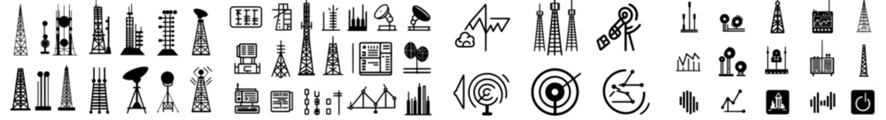 Obraz premium Icons for wireless communication include antenna icon sets and radio antenna icons, as well as communication and radio tower icons, and modern network illustrations