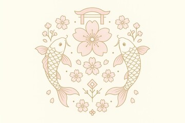 Naklejka premium Minimalist Japanese design with koi fish, cherry blossoms, and torii gate in delicate pastel tones on light background.