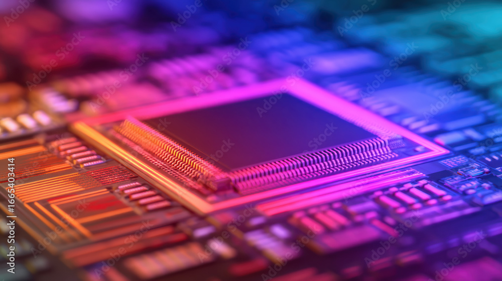 Poster a vibrant close-up of a computer chip, showcasing intricate circuits and colorful lighting, highligh