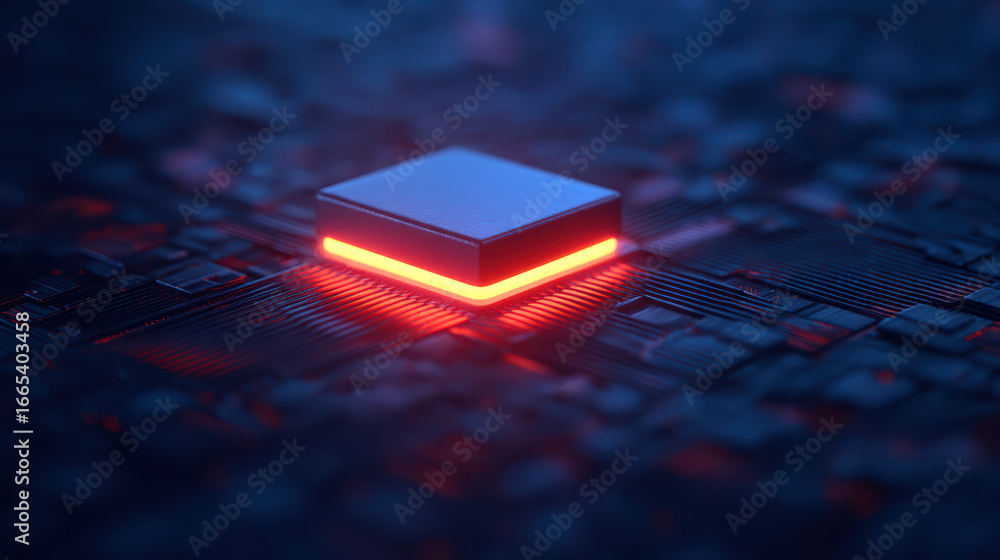 Poster a close-up of a glowing microchip on a circuit board, showcasing technology and innovation with a vi