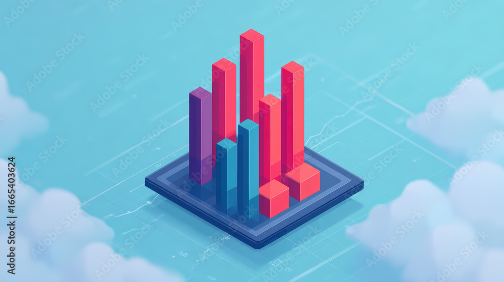 Poster a colorful 3d bar graph on a digital platform, surrounded by soft clouds, illustrating data trends a