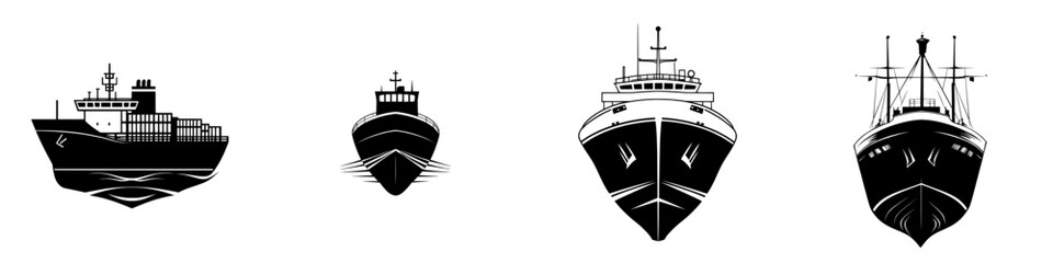 Obraz premium The Cargo Ship Icon features a striking black-and-white image of a container vessel navigating through the water, ideal for representing logistics, shipping, and transportation themes