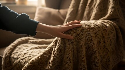 Hand touches soft knit blanket, cozy texture background. Comfort, warmth, relaxation, home decor, winter season, hug, handmade, interior design, textile themes for lifestyle content.