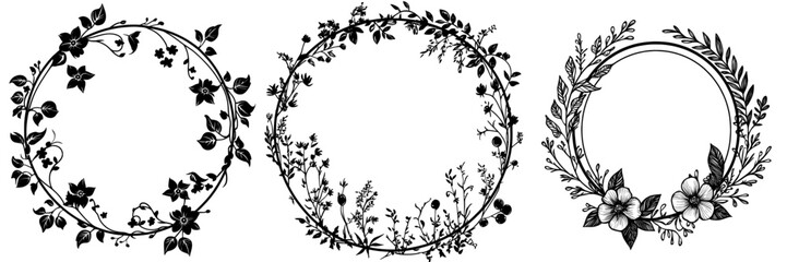Floral Frame Circle is a delicate black and white illustration featuring a circular frame adorned with intricate flourishing botanical elements, ideal for adding elegance to designs