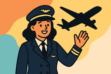 Smiling female pilot in uniform with airplane silhouette in background © mdalhazsarkar