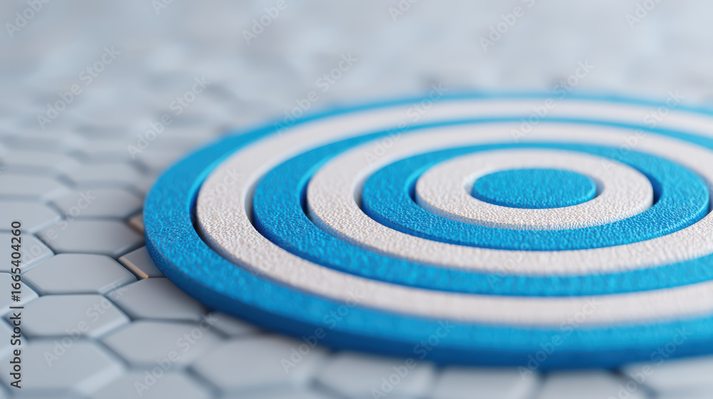 Poster A close-up view of concentric circles in blue and white on a textured hexagonal background, creating a modern and visually appealing design.