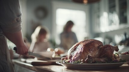 Warm Family Gathering Around a Beautifully Roasted Turkey on a Wooden Table During a Festive Celebration in a Cozy Kitchen