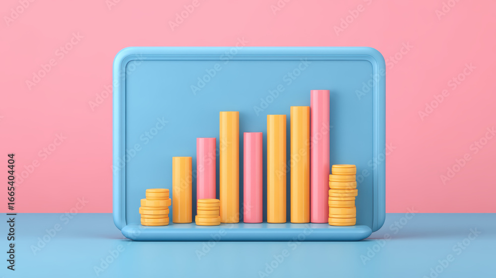 Poster a colorful graph displayed on a tablet, featuring bars in various heights and stacks of coins, again