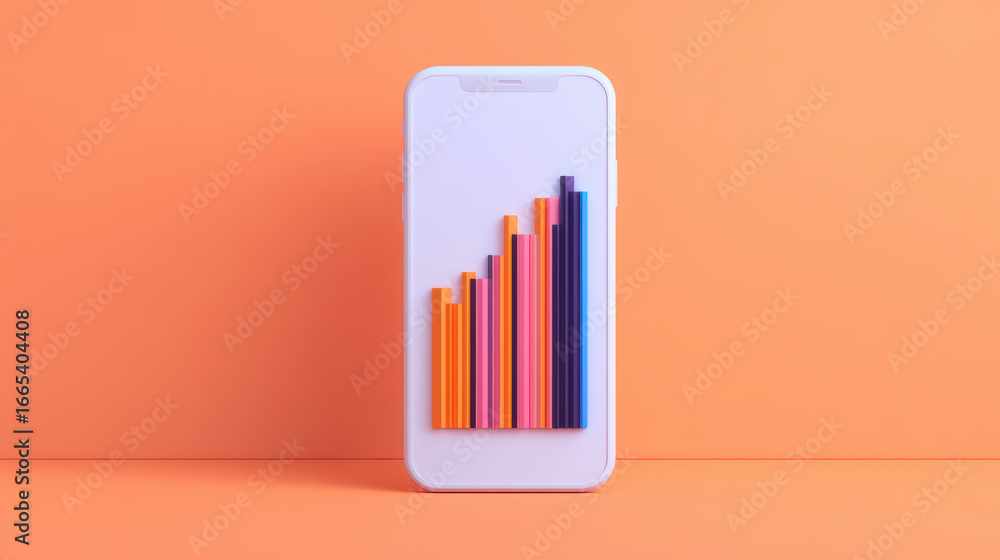 Poster a smartphone displaying a colorful bar graph on a vibrant orange background, symbolizing growth and 