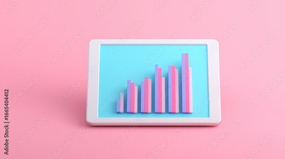 Poster a digital tablet displaying a colorful bar graph on a pink background, symbolizing data visualizatio