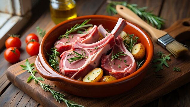 Delicious Raw Lamb Chops with Potatoes and Fresh Herbs Ready for Roasting A Culinary Preparation for a Gourmet Meal on a Rustic Wooden Table
