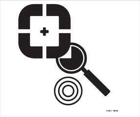 Medical health inspection icon with magnifying glass and first aid symbol, representing investigation, diagnosis, and healthcare services.