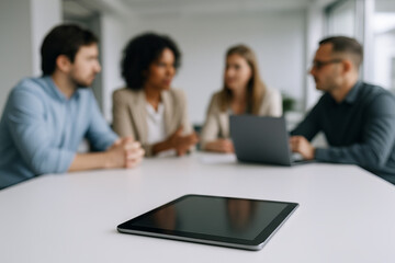 Tablet on conference table with diverse business team engaged in meeting discussion. concept of modern technology, team collaboration, professional workplace.