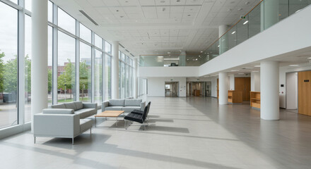 Spacious Modern Lobby with Large Windows and Seating Area