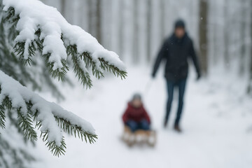 Child being pulled on a sled through a snowy winter forest by an adult in warm clothing. concept of winter adventure, family bonding, outdoor seasonal activity