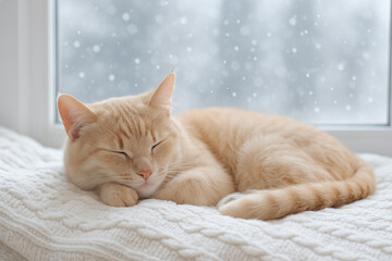 Cute cat sleeping by a window on a winter day with snow falling outside. concept of cozy winter, peaceful sleep, serene cat nap, relaxing indoor scene.
