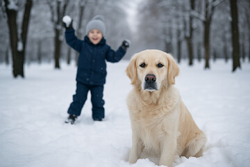Golden retriever puppy in a snowy winter park with happy child playing in the background. concept of joyful winter fun, child and pet companionship, outdoor adventures