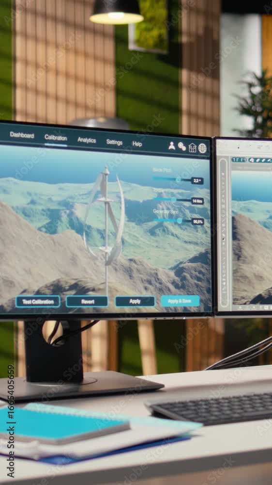 Poster futuristic windmill prototype simulation on pc screens in research and development office. next gene
