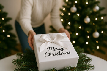 Christmas gift under the tree with merry christmas message and bow surrounded by fir branches. concept of holiday present, festive decor, seasonal celebration.