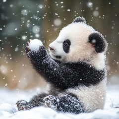 Fototapeta premium Panda cub pawing at a tiny snowball, fresh flakes falling around, playful winter wonderland scene, stunning nature photography, copy space. 