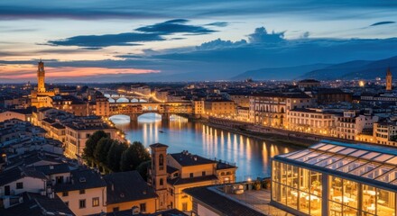 Florence cityscape at dusk with the arno river and ponte vecchio bridge, a historic italian landmark