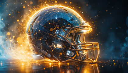 Futuristic football helmet glows with electric energy, symbolizing sports innovation and powerful technology