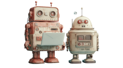 Two weathered retro-style robots standing together a boxy red bot holding a laptop.