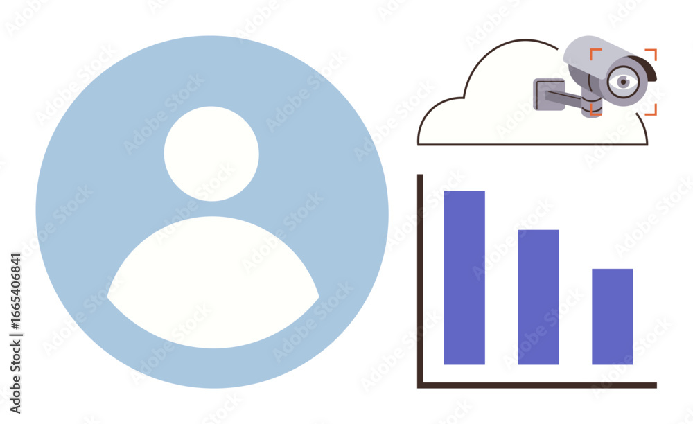 Poster profile circle, security camera in cloud, data analytics chart. ideal for data security, user privac
