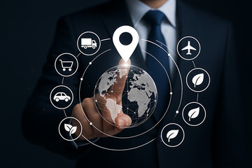 global logistics and transportation concept, businessman interacting with a holographic globe and icons of various services like delivery, retail