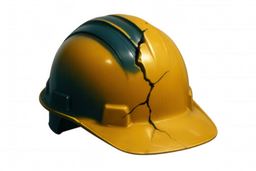 Yellow and blue cracked hard hat isolated on transparent background representing workplace safety and jobsite hazards