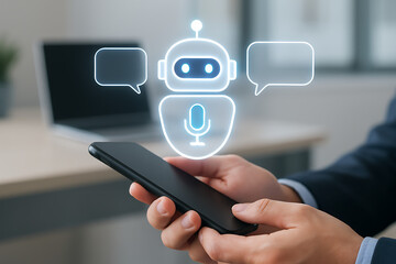 chatbot and ai communication concept, a person holding a smartphone with a holographic ai robot icon, symbolizing automated customer support and voice interaction