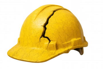 Damaged yellow safety helmet highlighting industrial safety concerns, broken protective gear signaling workplace risk