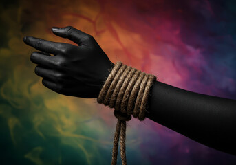 Black Glitter Hand Tied with Rope Against Colorful Smoke Background
