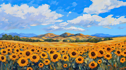 Sunflower field under blue sky with clouds and green meadow in summer landscape